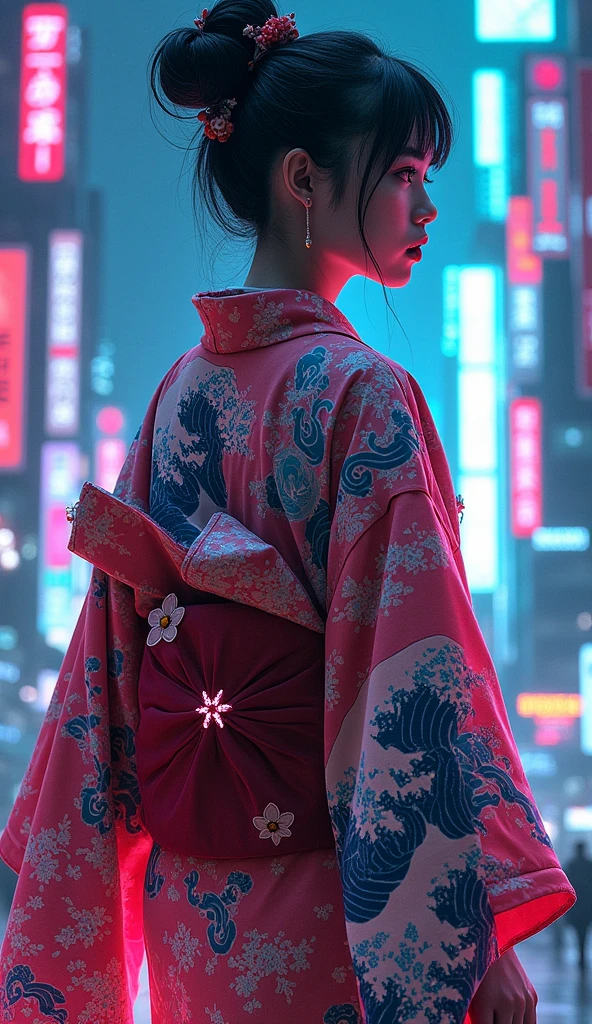 Japanese traditional clothing, Katsushika Hokusai Style, (cyber punk) (neon), Ukiyo-e