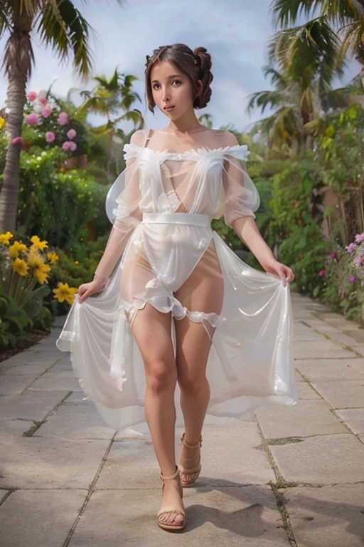 A cute Yuna (princess Leia cosplay, iconic hairdo, airy sheer white dress, no underwear, sandals) is strolling through an exotic flower garden, moonlit night