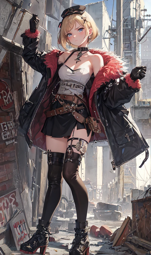Abandoned industrial city in winter background,(White and light red,:2.0),Issued card,Standing in close-up,Dream world,Facial blemishes,(((Blonde Hair))),(((Short hair up to the shoulders))),(((Center-parted bangs))),(((Black rose hair ornament on one side))),(((Angry face))),(((Frowning))),(Slender blue eyes,Pink lipstick,Long eyelashes),gloves,pistol,Choker,(Fur coat),Torn and frayed combat uniform exposing the abdomen,Leather mini skirt,Caster wheel,belt:2.0),Fur Tube Top(Chokerー),Above-the-knee high-heeled boots,Strappy high heel boots,The legs have lots of straps,Detailed background
