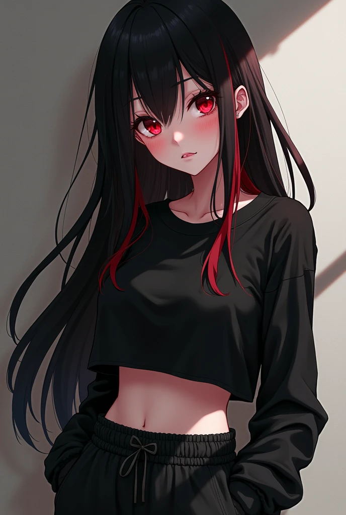 anime girl, with black hair and red highlights, without bangs her hair is long, His eyes are large and deep red, Her lips are black and her eyeliner is also black.. She is wearing a black crop top and black baggy pants and a light blush on her cheeks and the tip of her nose.