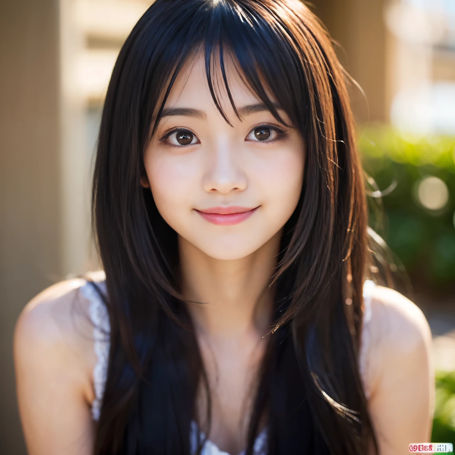 (Best-quality, Masterpiece, Ultra-High-Resolution, (Photorealistic:1.4), Raw Photo, depth of field, professional lighting), (1girl, Japanese-idol, innocent smile), ((extremely cute face), ((extremely cute big-black-eyes)), beautiful black-long-hair, long-eyelashes, most lips), (((extremely beautiful skins, extremely realistic skins)))