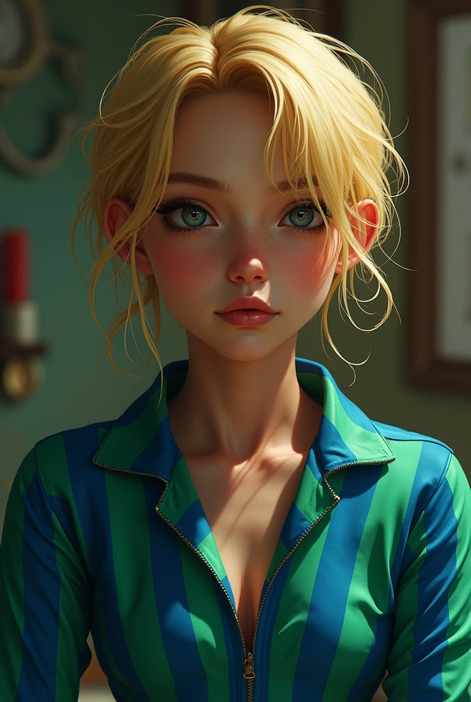 portrait photo of batista2,(blue and green striped shirt), (dirty blonde hair), alluring portrait, intricate, highly detailed, digital painting, artstation, concept art, naughty, sharp focus, cinematic lighting, illustration, art by artgerm and greg rutkowski, alphonse mucha, cgsociety