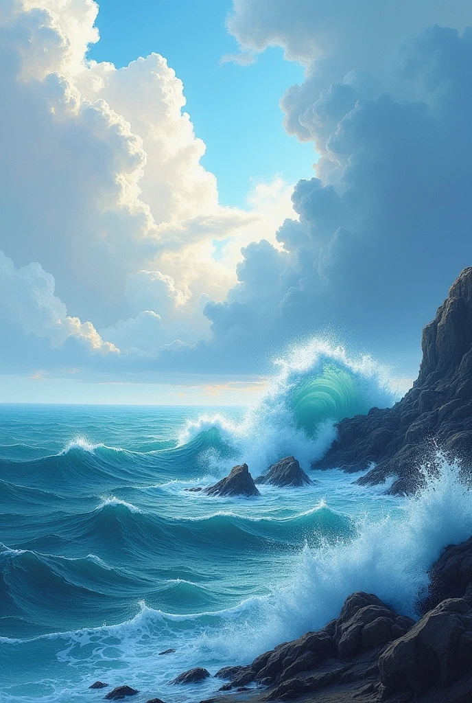 Make a drawing using the idea "The ocean is constantly changing" Make waves in different shapes and textures, that is, from soft waves to strong waves and divide the ocean from the sky. Make the sky in different states, that is, clear and cloudy.