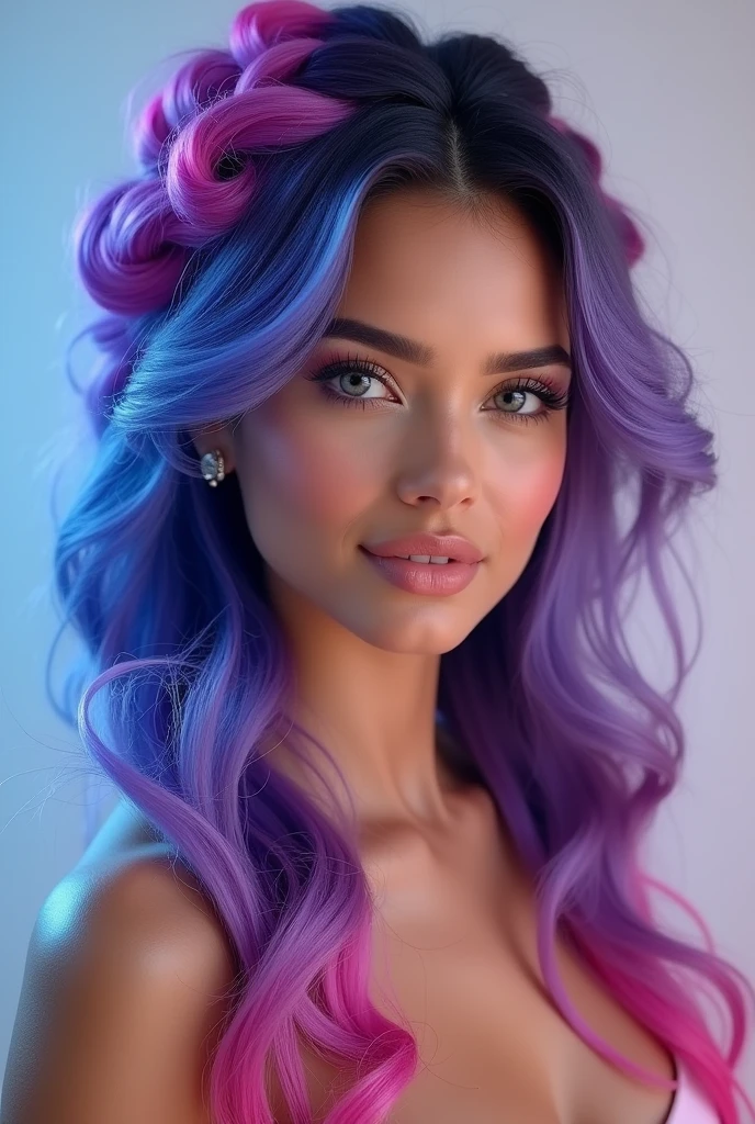 Create a high-definition, attention-grabbing image of a stunning woman with beautifully detailed and colorful hair. Her hairstyle should be elaborate, with vibrant shades like electric blue, deep purple, and neon pink, flowing smoothly in soft curls and intricate braids. The woman's face should exude confidence and elegance, with flawless skin, captivating eyes, and subtle makeup that enhances her natural beauty. The overall style should be modern and chic, with the hair as the central focus, reflecting creativity and boldness. The background should be simple and soft to make the colors and details of her hair stand out even more.