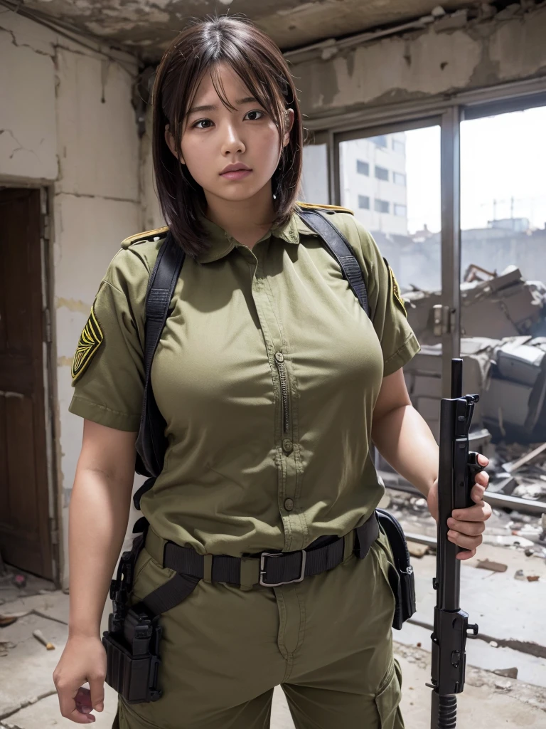Female soldier fighting in a war-torn city,Plump,Slightly thicker,