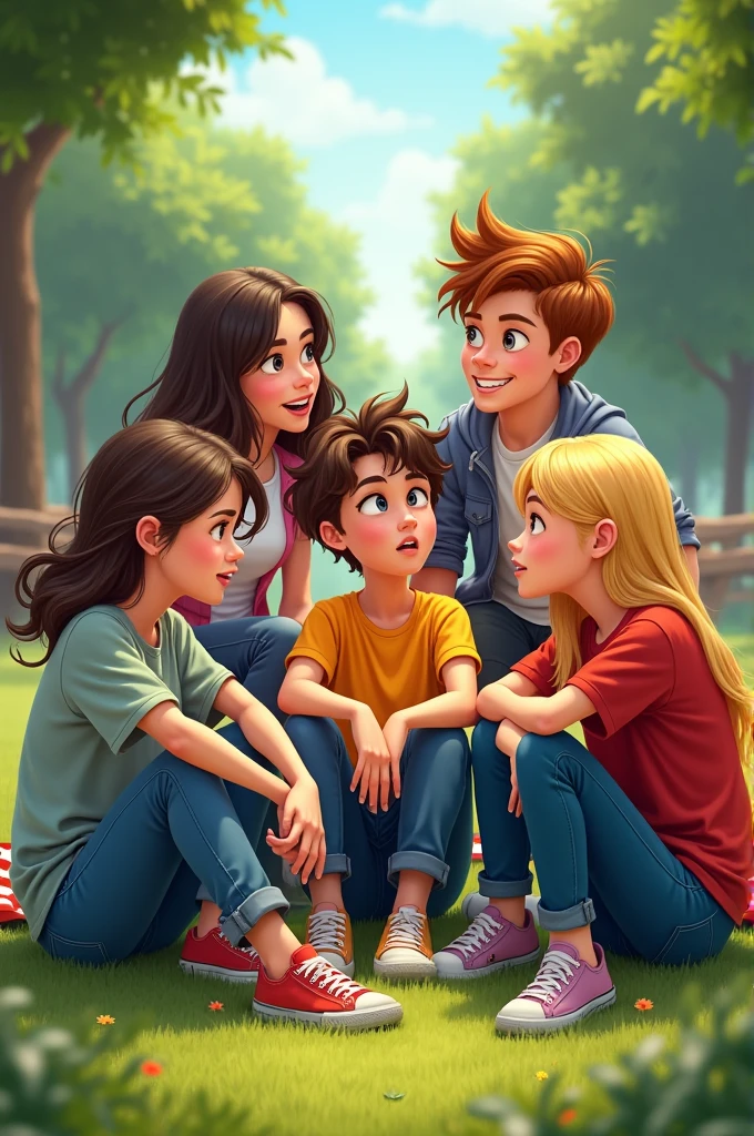 A picture of a group of teenage friends three girls and two boys talking in a group 