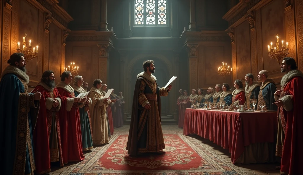 A dramatic illustration capturing the tense moment when Edward III's envoys present their demands at the French court. The scene is set in a grand, dimly lit hall, with intricate Gothic architecture and flickering torches casting long shadows. Edward III's emissaries, in ornate medieval attire, stand at the center, holding documents and gesturing emphatically. Opposite them, King Philip VI and his counsel are seated on an elevated dais, their expressions a mix of skepticism and irritation. The backdrop features richly detailed tapestries and a heavy atmosphere of intrigue. The lighting enhances the contrast between the resolute emissaries and the skeptical French court, reflecting the escalating tension of the diplomatic confrontation. This composition, inspired by Edmund Blair Leighton’s evocative style, emphasizes the gravity and drama of the negotiation, capturing the essence of the looming conflict., Surrealism, Hyperrealism, UHD, retina, masterpiece, accurate, anatomically correct, textured skin, super detail, 16k