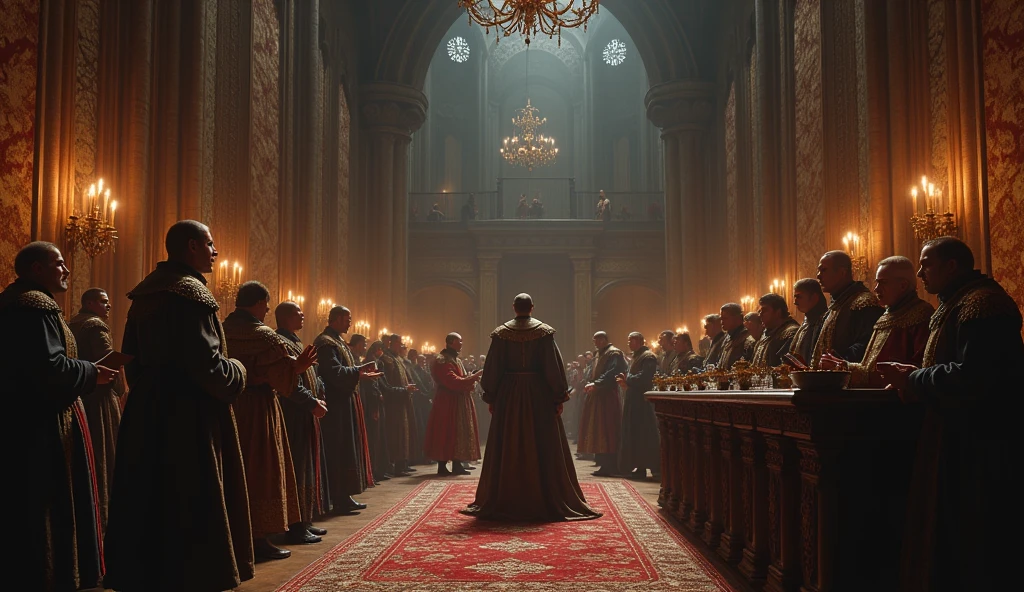 A dramatic illustration capturing the tense moment when Edward III's envoys present their demands at the French court. The scene is set in a grand, dimly lit hall, with intricate Gothic architecture and flickering torches casting long shadows. Edward III's emissaries, in ornate medieval attire, stand at the center, holding documents and gesturing emphatically. Opposite them, King Philip VI and his counsel are seated on an elevated dais, their expressions a mix of skepticism and irritation. The backdrop features richly detailed tapestries and a heavy atmosphere of intrigue. The lighting enhances the contrast between the resolute emissaries and the skeptical French court, reflecting the escalating tension of the diplomatic confrontation. This composition, inspired by Edmund Blair Leighton’s evocative style, emphasizes the gravity and drama of the negotiation, capturing the essence of the looming conflict., Surrealism, Hyperrealism, UHD, retina, masterpiece, accurate, anatomically correct, textured skin, super detail, 16k