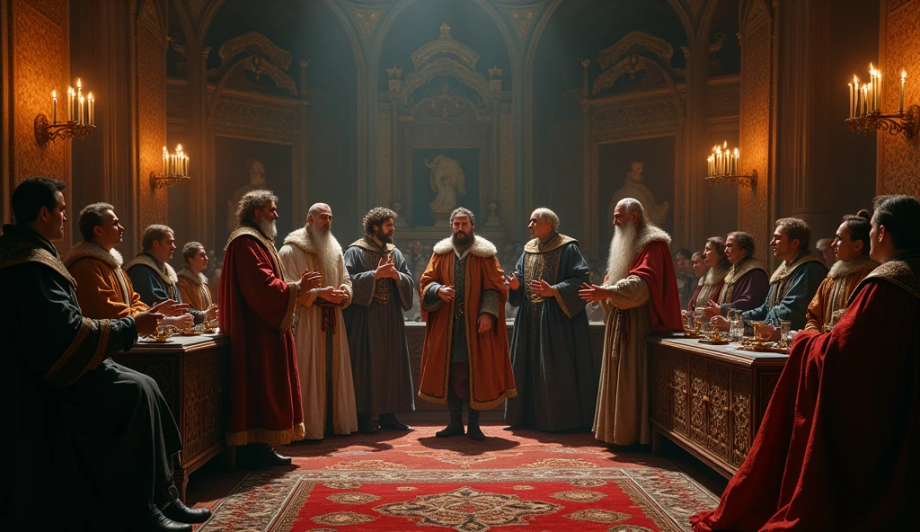 A dramatic illustration capturing the tense moment when Edward III's envoys present their demands at the French court. The scene is set in a grand, dimly lit hall, with intricate Gothic architecture and flickering torches casting long shadows. Edward III's emissaries, in ornate medieval attire, stand at the center, holding documents and gesturing emphatically. Opposite them, King Philip VI and his counsel are seated on an elevated dais, their expressions a mix of skepticism and irritation. The backdrop features richly detailed tapestries and a heavy atmosphere of intrigue. The lighting enhances the contrast between the resolute emissaries and the skeptical French court, reflecting the escalating tension of the diplomatic confrontation. This composition, inspired by Edmund Blair Leighton’s evocative style, emphasizes the gravity and drama of the negotiation, capturing the essence of the looming conflict., Surrealism, Hyperrealism, UHD, retina, masterpiece, accurate, anatomically correct, textured skin, super detail, 16k
