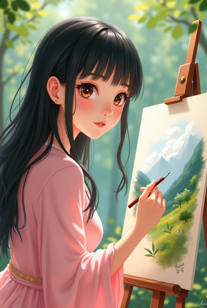 Pretty woman, drawing a landscape, with fleckles and black air until her shoulders with bangs, brown and big eyes.
Wering something pink, very femenine