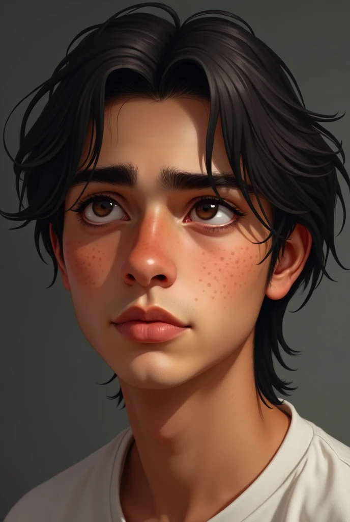 The Latin American man has a young face , Her skin is light-toned and shows some acne marks on both cheeks., which are visible but not exaggerated, giving a natural and realistic look to your skin. His jaw is not marked and his chin is not marked either. .His eyes are a dark brown color, a little torn and with a slightly almond shape. The character's gaze is serious and introspective, framed by straight eyebrows, Medium thickness, and well defined. The eyebrows are thick and placed in a way that enhances the intensity of her eyes., giving him a thoughtful expression. The nose is straight and thick , and a slightly rounded tip, harmonizing well with the rest of your facial features. The lips are a little thick and well defined., with a slight natural curvature that gives it a neutral expression, neither smiling nor frowning. The upper lip is slightly thinner than the lower lip.. The hair is completely straight, of a dark black color, and long length. It falls naturally on the forehead, lightly covering the eyebrows, and extends to just above the ears on the sides. The hair has a fine texture and a natural shine., and this hairstyle is like a book.