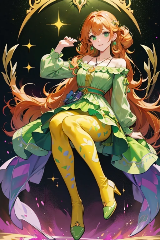 Ally is a young girl with green eyes and orange hair that curls in the back. She appears to wear a somewhat elaborate mini dress or long sleeve shirt, mixing both dark and light shadings of green with a yellow pattern. She wears a necklace with a purple stone, known as the Pendant of Luwa. She wears yellow tights or leggings and green boots with stylized wing patterns. SPARKLE; GLITTER