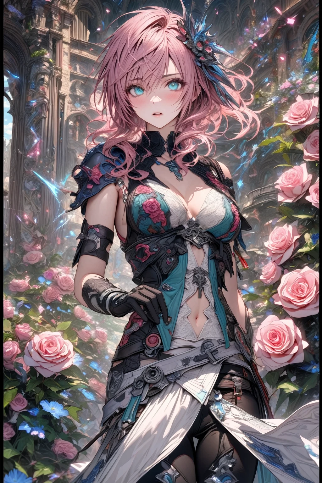 absurdres, highres, ultra detailed, HDR, master piece, Claire Farron, pink hair, short hair, expressive pale aqua eyes, black and white clothes, black long gloves, black pants, Final Fantasy XIII, woman, extremely beautiful, best quality, fantasy, magical, solo, sensual, Lightning Farron, pink roses, glittering