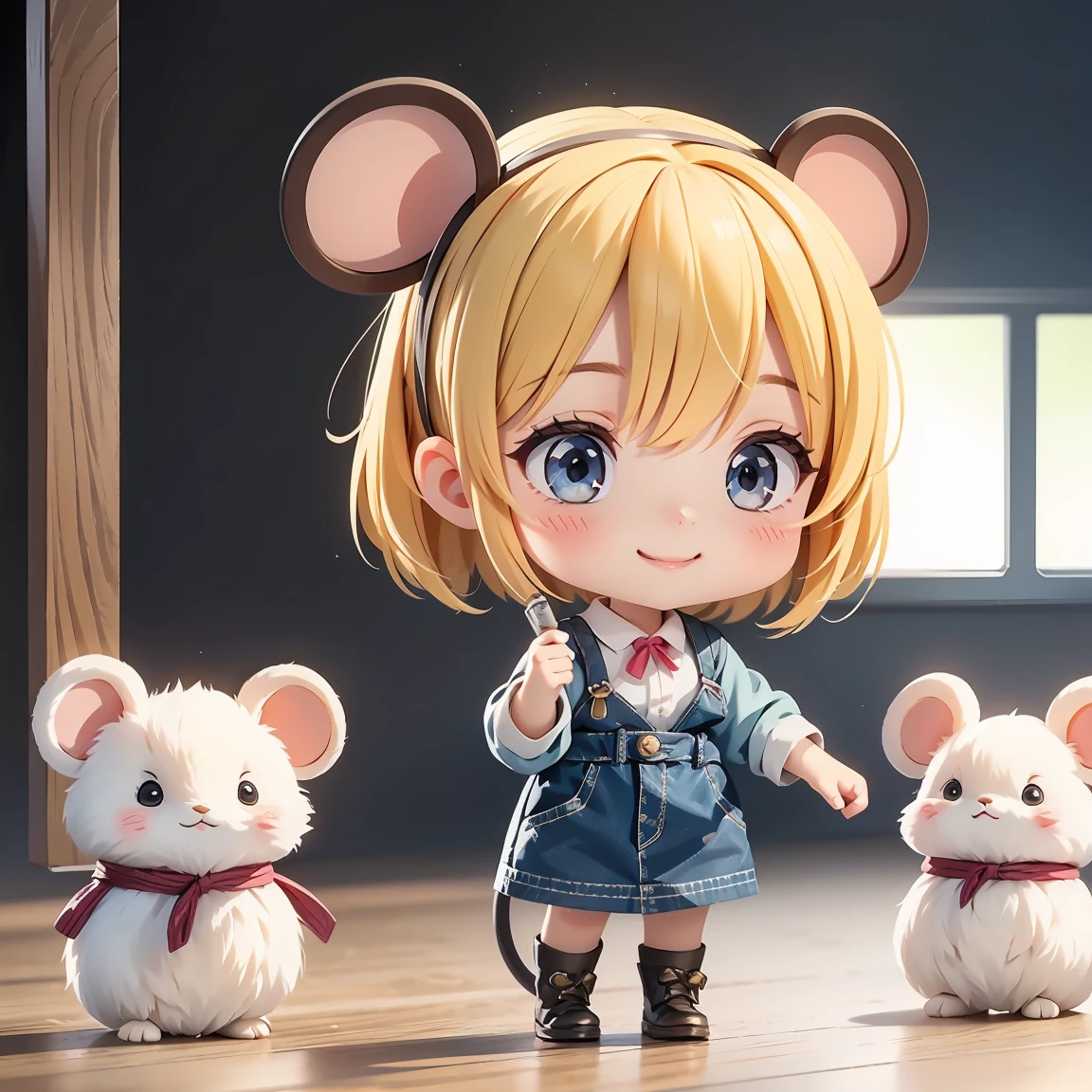 Super Chibi Character：1.8、Blonde Hair、Cute  girl、Cute Costumes、Super Chibi Character：1.8、Super Smile、Wearing a mouse ear headband