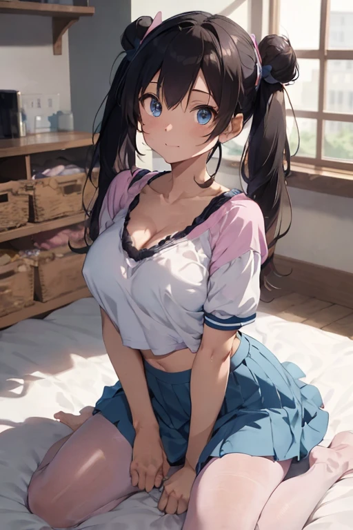 masterpiece, best quality, cowboy shot, ro1, hug, hair bun, blue eyes, twintails, visor cap, pantyhose, raglan sleeves, yellow skirt, crop-top, pink bow, wristwatch, (colorful), volumatic light, bust shot, extremely detailed CG unity 8k wallpaper,intricate, indoors, bed, big chest, cleavage, full body chest, Grab your own breasts, One girl, masturbation from below, sitting on the floor, Grab your own breasts, Spread your legs, Raise your legs, pink panties