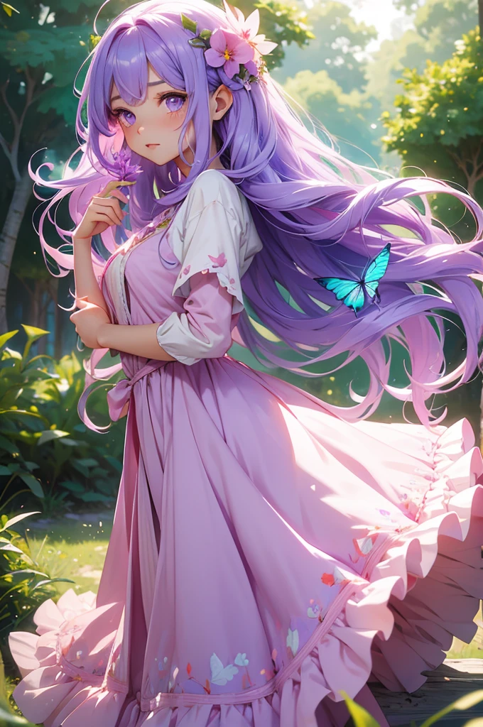 Pastel purple hair Wavy Long Hair Purple Eyes Beauty Pink dress beautiful Glowing Butterfly々 Fluttering Hair Fairytale Forest Flower Hair Ornaments