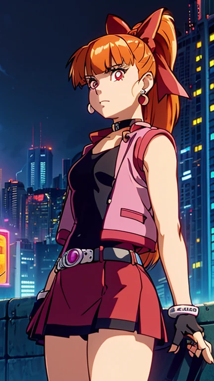 (Teens:1girl: ppgzbs), (extremely detailed CG unit 8k wallpaper),(master part), (best quality), (ultra detail), (best illustration),(city-scene-aso), cowboy shot, (Sharp eyeliner, ombre, detailed eyes:1), night, cyberpunk city, outdoor, ,break , (Ghost In The Shell 1995), upper body, red eyes, long orange hair, ponytail, hair bow, blunt bangs, earrings, black choker, pink vest, red skirt, belt