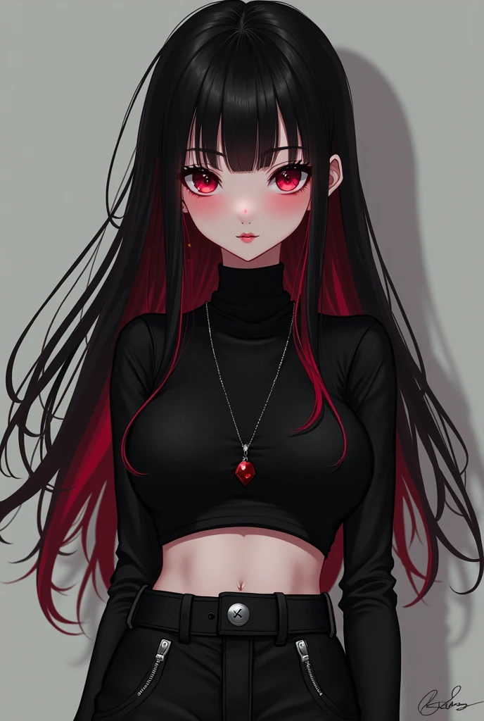 anime girl, with black hair and red highlights, without bangs her hair is long, His eyes are large and deep red, Her lips are black and her eyeliner is also black.. She is wearing a black crop top and black baggy pants and a light blush on her cheeks and the tip of her nose.