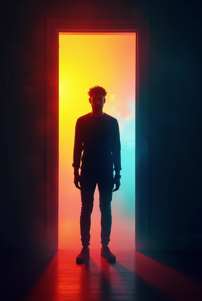 A man standing in a doorway and the background is colored light and dark and his body color follows the color of the background.