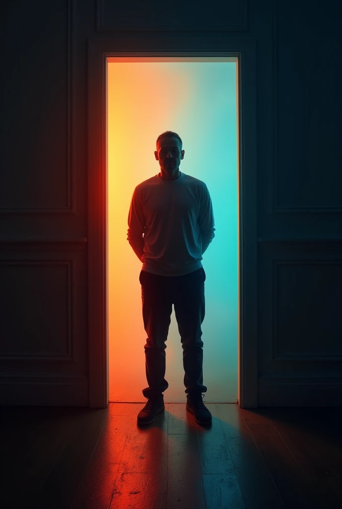 A man standing in a doorway and the background is colored light and dark and his body color follows the color of the background.