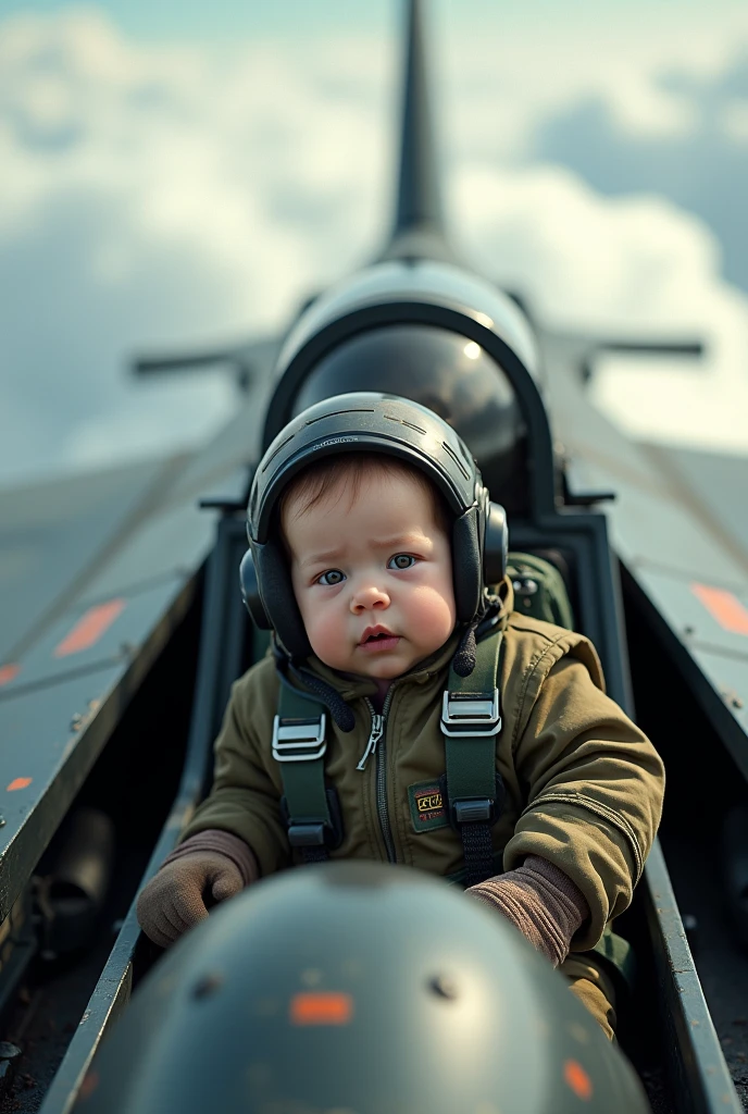 Newborn wearing a fighter pilot suit flying a Mig-31M plane. Real full-size photo as in real life.