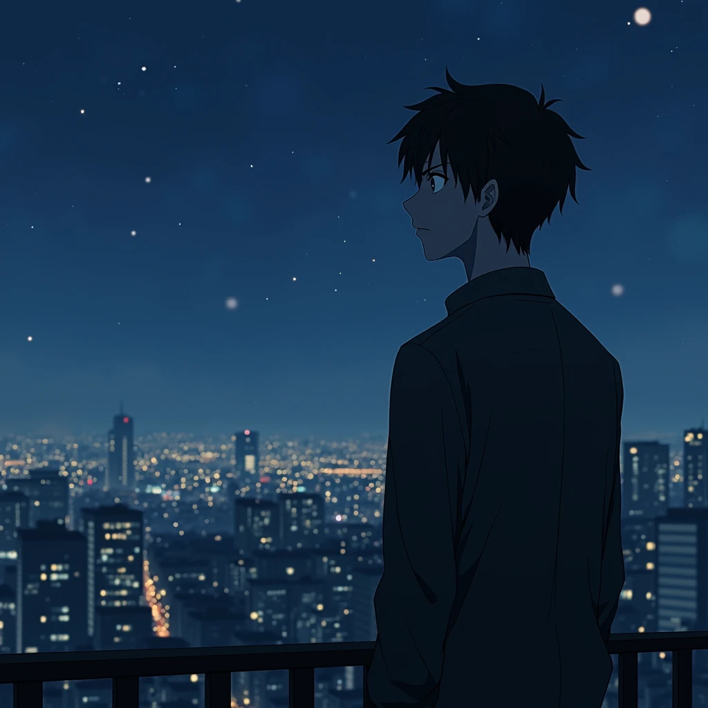 a man in thinking of a woman, sad, night, pokerface, city, terrace, standing, anime, side view, memory of face of the woman
