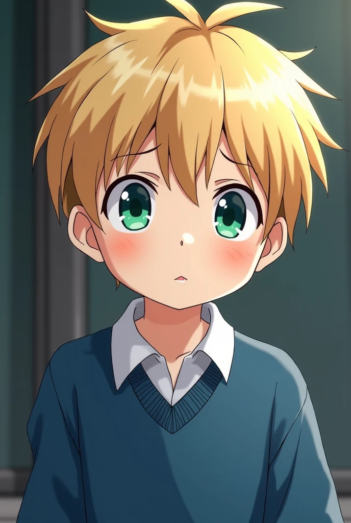 child, like , short blonde hair, emerald green eyes, He wears a blue school uniform, are you worried. anime style.