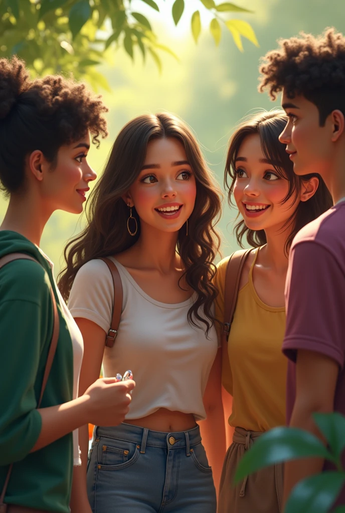 A picture of a group of teenage friends three girls and two boys talking in a realistic group 