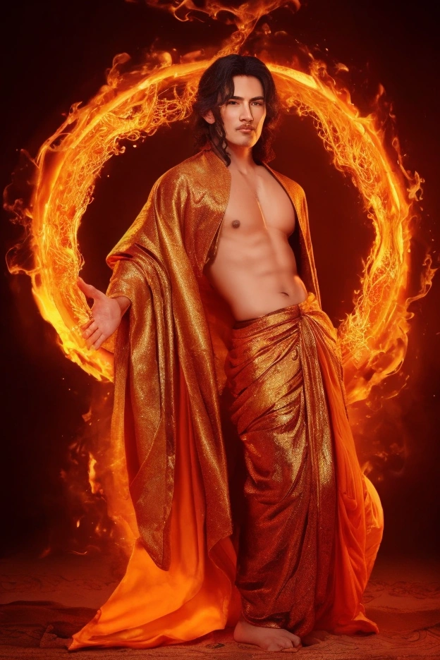 A Tantric God, handsome with reddish and golden robes, tantric symbol, Yin E Yang,fire, sexiness