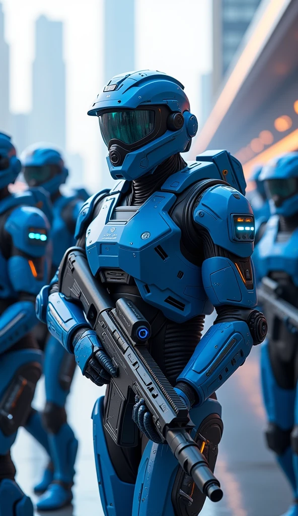 High-tech soldiers in bright blue armor and using advanced weapons