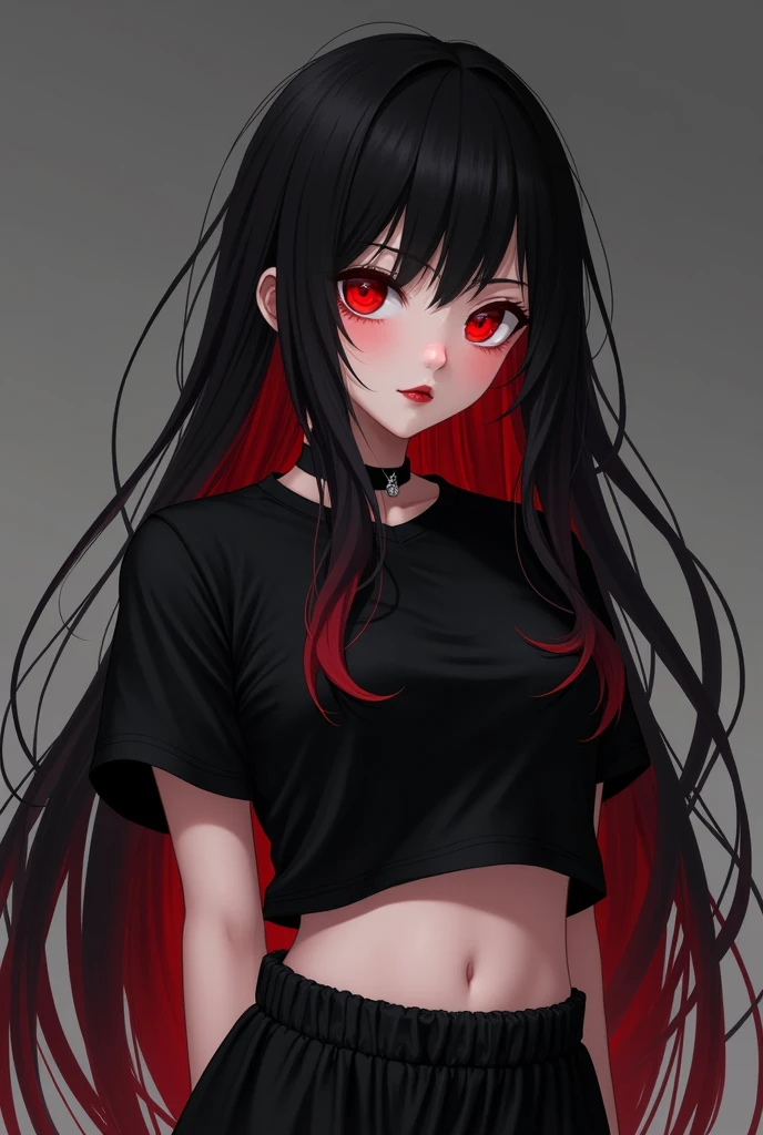 anime girl, with black hair and red highlights, without bangs her hair is long, His eyes are large and deep red, Her lips are black and her eyeliner is also black.. She is wearing a black crop top and black baggy pants and a light blush on her cheeks and the tip of her nose.