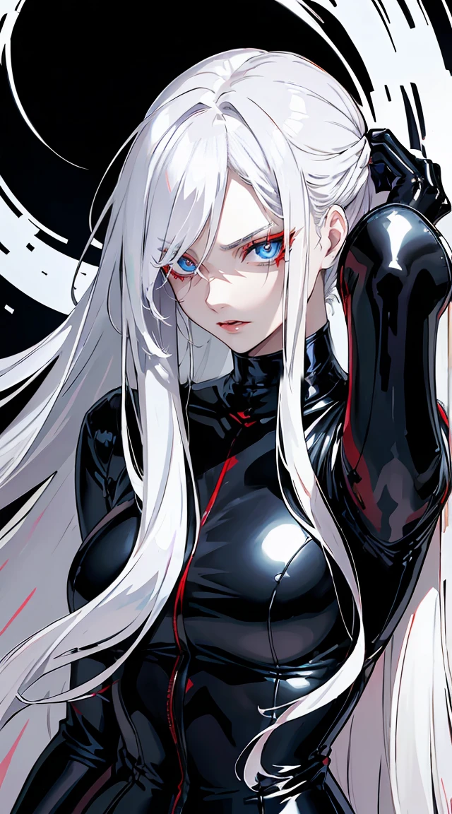 Long white hair, blue eyes, evil, sexy, black and red clothes, evil face, evil, gloss lips, sinister, front look, bloody, gloves, close up, portrait, beautiful eyes, big white, dark place, night, sensual, straight hair cut, clear skin, evil, young 30 years girl, adult girl, solo, red, very long hair, ankle length hair, handsome older WOMAN,wolf-eyes,crimson pupils,Long white hair,Hyperresolution,accuracy,Detailed rendering,(Image of fine hair)(topquality)(Masterpieces of masters)(High degree of completeness)(A sense of atmosphere)tmasterpiece,Super detailed and super detailed(((full-body)))(((Sexy black loose latex outfit)))(((Soft expression)))(((ankle length white hair tied back)))