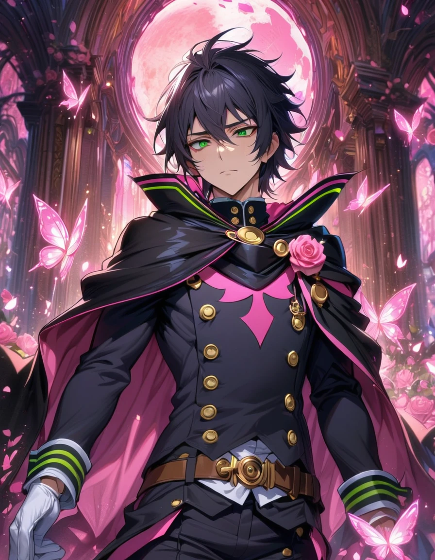 absurdres, highres, ultra detailed, HDR, masterpiece, extremely detailed, detailed eyes, detailed face, Hyakuya Yuuichirou, black hair, expressive green eyes, Owari No Seraph, solo, sexy man, adult face, mature man, handsome, black clothes, black cape, white gloves, long sleeves, brown belt, pink roses, pink petals, fantasy, magical, pink moon, pink glittering butterflies, pink round lights