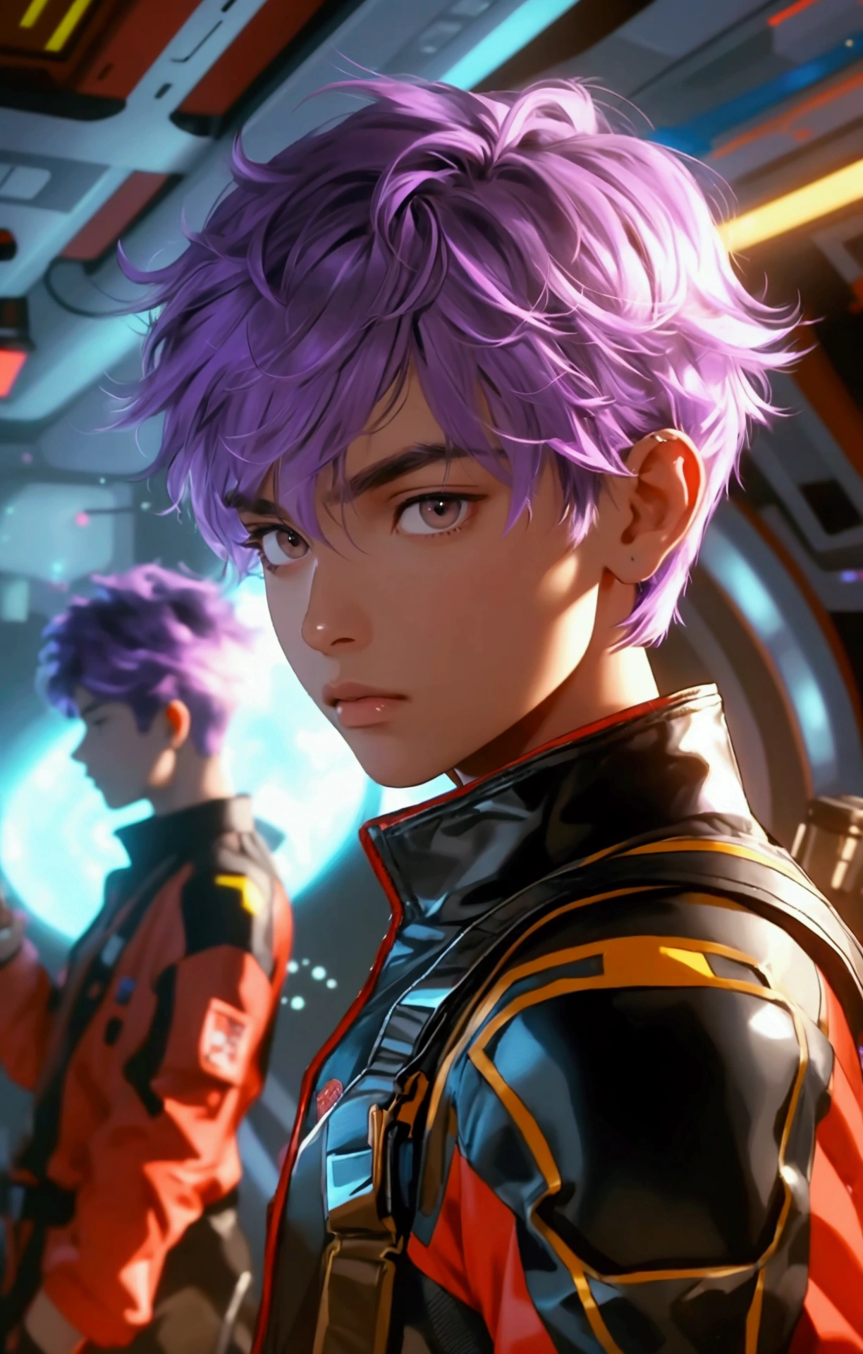 A 2 man, with short purple hair, brown eyes, olive skin, and a youthful aura. He is wearing a black and blue jumpsuit with a red jacket. He is in a space station, dancing in a night club.