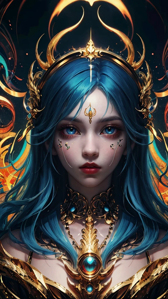 1girl, blue hair, (golden eyes), visionary art style, psychedelic trippy art, outdoors, vibrant color, masterpiece 8k wallpaper, art photography, UHD
