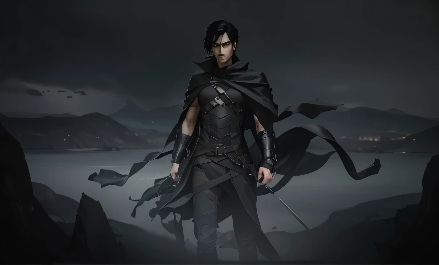 (an androgynous male assassin:1.1),wild black hair,green eyes,slim,black assassin clothing,in a castle,medium:oil painting,detailed background,moody lighting,vivid colors,dark and mysterious ambiance,ominous atmosphere
