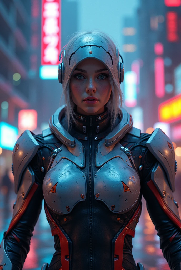 Keep the armor futuristic technology, but leave him without a helmet. I want it to be seen that he is a human person maintaining the futuristic work. Place it in a city with RTX neon highlights. 