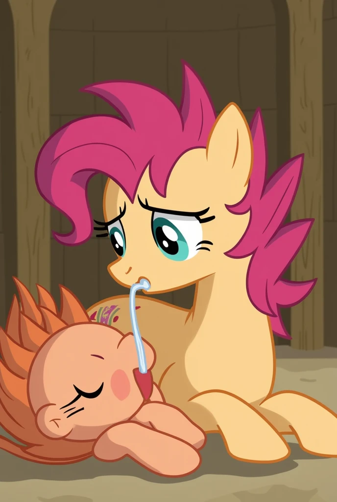 [Apple Bloom], [Spike], (One female pony), (One male dragon), {(Apple Bloom)}, {(Female pony)}, {(Naughty smug face)}, {(cleavage)}, ((naked)), (huge crotchboobs), (lactation), (((Apple Bloom Is Making Spike Drink Milk From Her Crotchboobs))). {(Spike)}, {(Male dragon)}, {(Nervous disgusted face)}, ((naked)), (medium sized penis), (((Spike is laying down while he's drinking milk from Apple Bloom's crotchboobs))). {(Apple Bloom and Spike My Little Pony)}, {(in a barn)}, {(Apple Bloom and Spike)}, {(cuerpo completo)} {(High Resolusion)}.