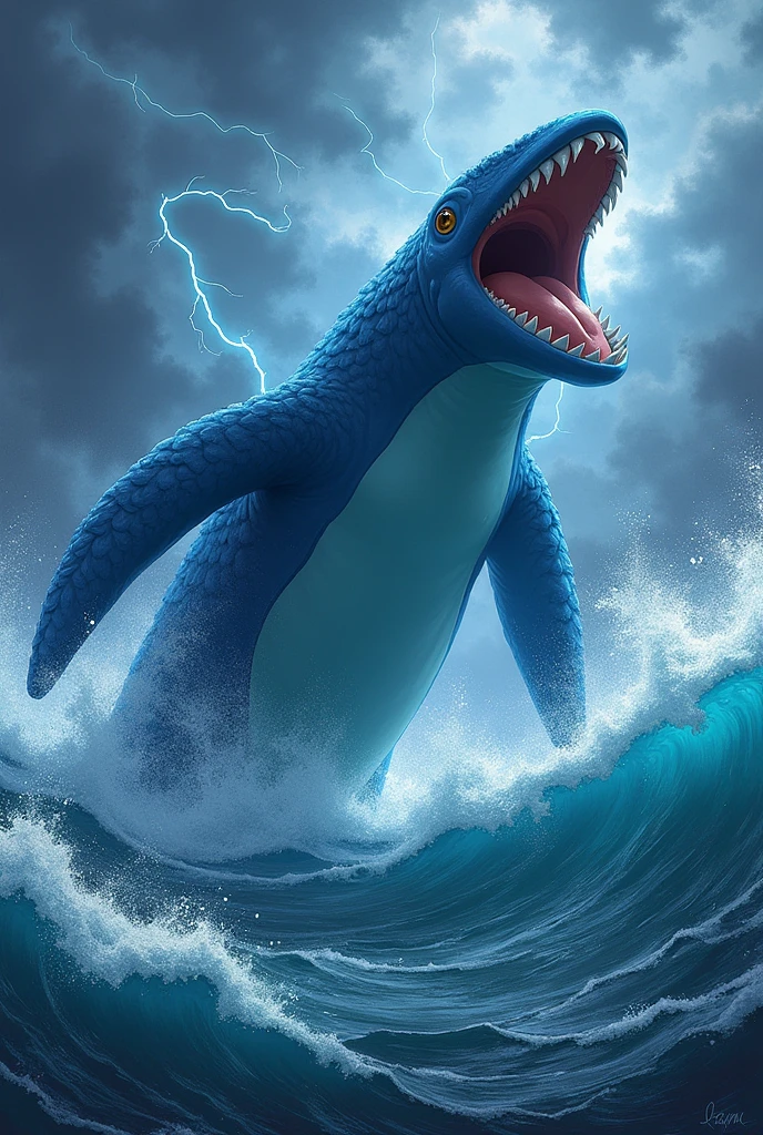 Draw a kyogre in the middle of a storm surrounded by waves