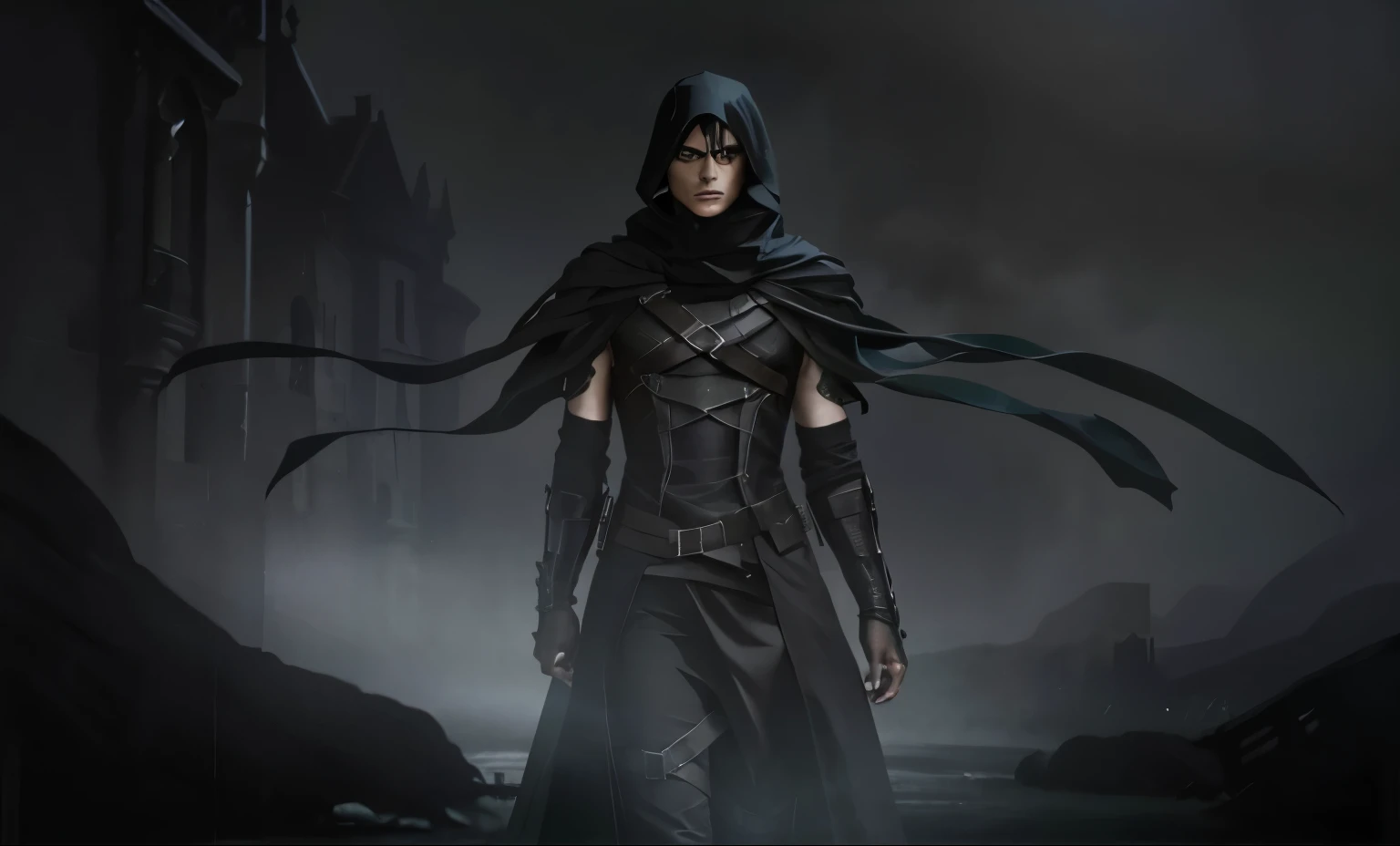 (an androgynous male assassin:1.1),wild black hair,green eyes,slim,black assassin clothing,in a castle,medium:oil painting,detailed background,moody lighting,vivid colors,dark and mysterious ambiance,ominous atmosphere