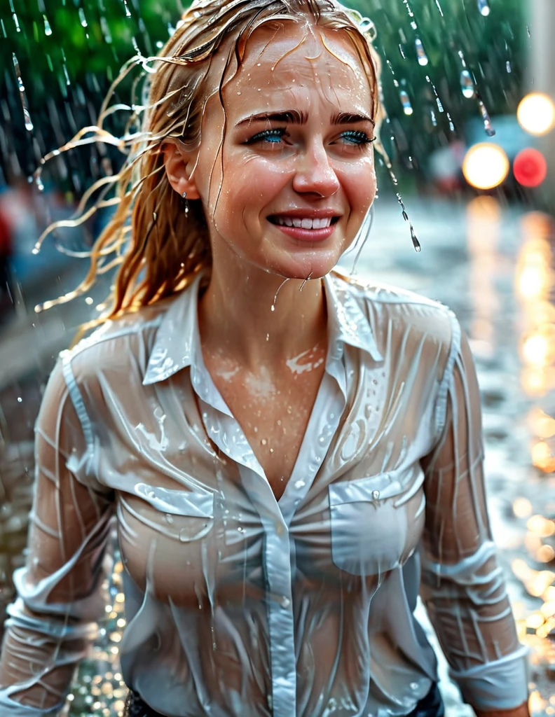 A gorgeous golden haired adult office woman, with (soaking wet:1.35) cotton white shirt, is walking un a torrential rain, crying in smile enjoying the freshnes of rain drops in her face, insanely detailed and intricate  ultra sharp focus, bokeh