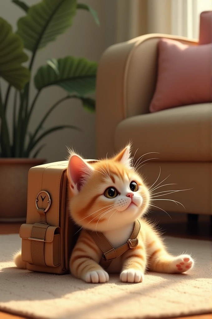 Cat with delivery backpack lying on the floor