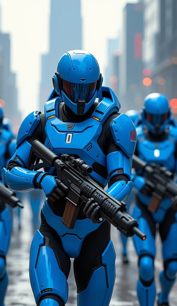 High-tech soldiers in bright blue armor and using advanced weapons
