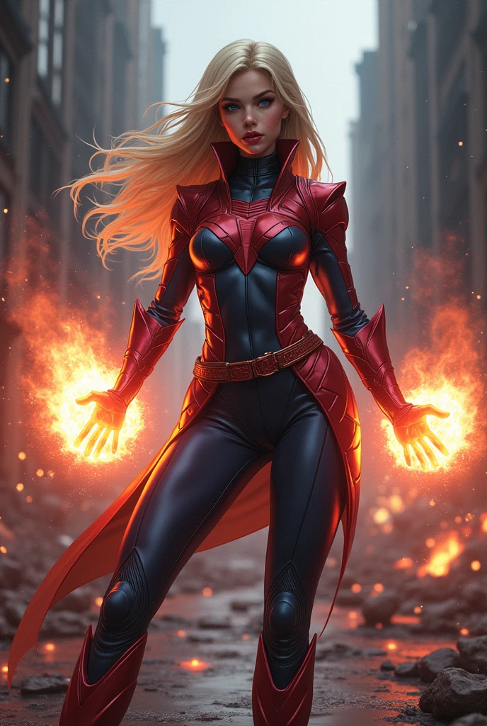 Full body image of an Evil teenage girl with immense power. Blonde hair and blue eyes, long legs, and glossy pink lips curled into a sadistic smile as she devastates Detroit with overwhelming energy blasts.