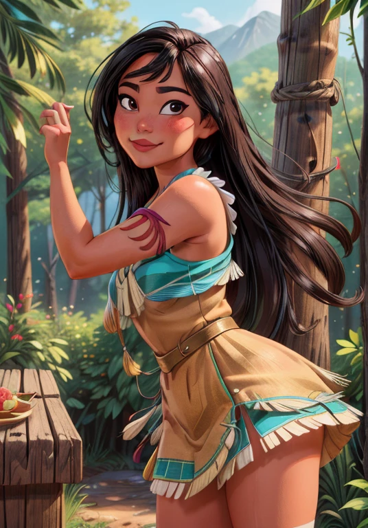 (((PocahontasWaifu:1))), ssmile, bonitas, cute pose, gazing at viewer, thick-thighs, skin tanned (tribal, ful dressed:1), ((Pocahontas)), beautiful girl, gorgeous face

(realisitic: 1.2), (真实感), (Masterpiece artwork: 1.2), (best qualityer), (ultra detaild), (8k, 4K, intrikate), (full-body-shot: 1), (Cowboy-shot: 1.2), (85mm), light particules, Uplighting, (highy detailed: 1.2), (face detailed: 1.2), (gradients), sfw, fullcolor, (detailedeyes: 1.2),

(detailed landscape de ladscape, woods, vegetation: 1.2), (detailed back ground), detailed landscape, (dinamic angle: 1.2), (dinamic pose: 1.2), (regra de third_composition:1.3), (action line: 1.2), wide wide shot, Day Light, 独奏, ful dressed lindo descente