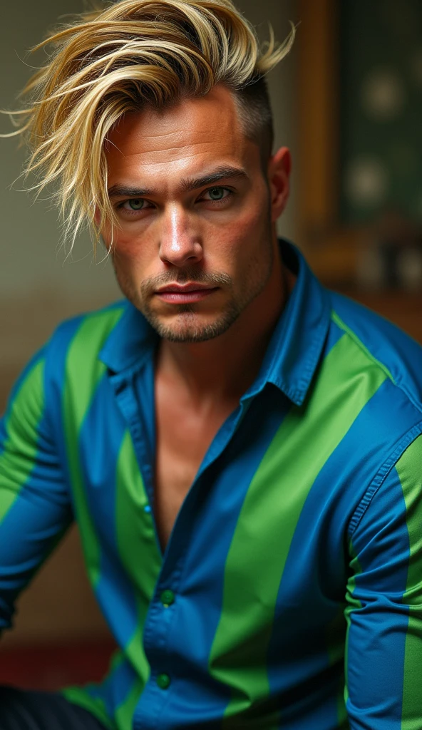 portrait photo of batista2,(blue and green striped shirt), (dirty blonde hair), alluring portrait, intricate, highly detailed, digital painting, artstation, concept art, naughty, sharp focus, cinematic lighting, illustration, art by artgerm and greg rutkowski, alphonse mucha, cgsociety