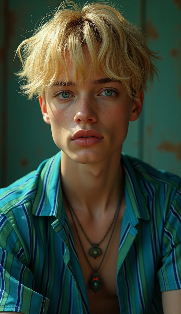 portrait photo of batista2,(blue and green striped shirt), (dirty blonde hair), alluring portrait, intricate, highly detailed, digital painting, artstation, concept art, naughty, sharp focus, cinematic lighting, illustration, art by artgerm and greg rutkowski, alphonse mucha, cgsociety