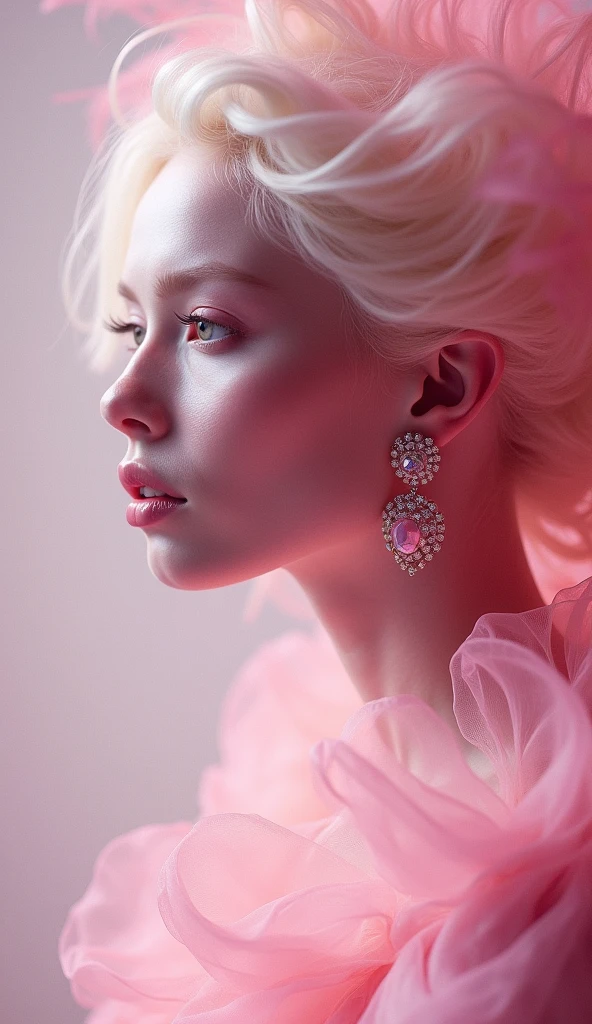 editorial fashion shoot, albino model, portrait, pink monochrome, profile, blurred motion, motion blur, chromatic aberration, jewelry highlight, provocative