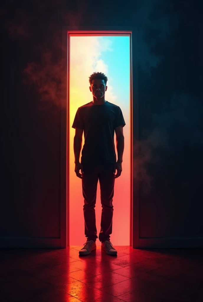 A man standing in a doorway and the background is colored light and dark and his body color follows the color of the background.