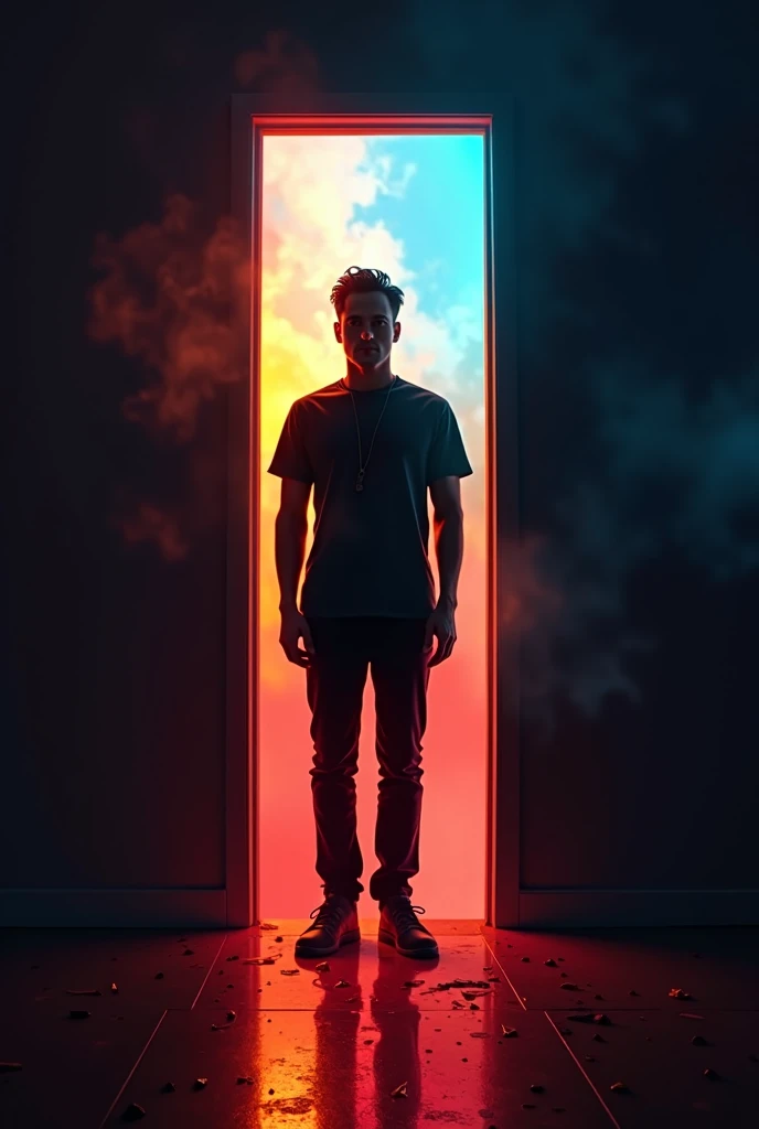 A man standing in a doorway and the background is colored light and dark and his body color follows the color of the background.